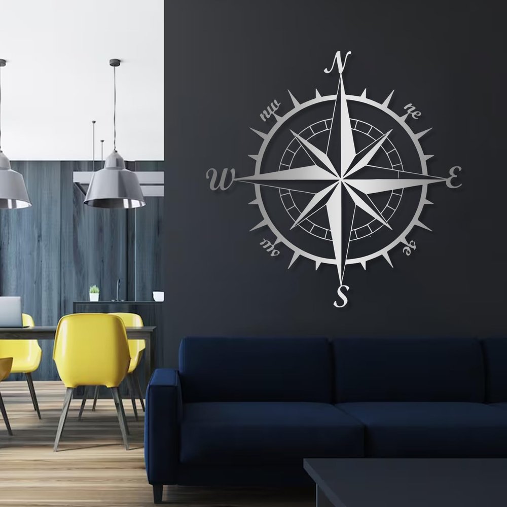 Nautical Compass Metal Wall Art, Metal Compass Wall Decor, Metal Wall Art, Nautical Wall Compass, North Arrow Metal Art, Compass Wall Sign, Home Living Room Wall Decor, Housewarming Gift (39"x39" | 100x100cm, Silver)