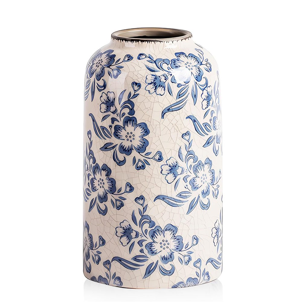 XIUWOUG Blue and White Porcelain Vases, Modern Cylindrical Vases with Distressed Finish, Perfect for Home Decor and Fresh or Dried Florals