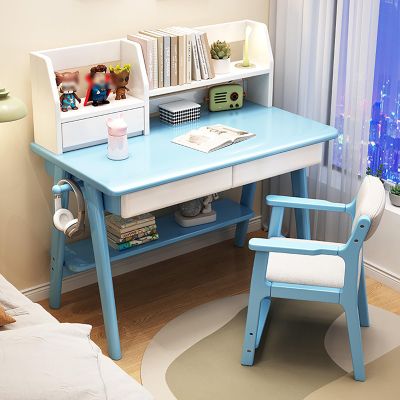 Ki*ds Writing Desk with Hutch, Solid Wood Learning Office Desk with Drawer and Bookshelf,Chil*DREN Study Table Student's Computer Desk Workstation for Home School Use(80x45x75cm(31x18x30inch), Blue)