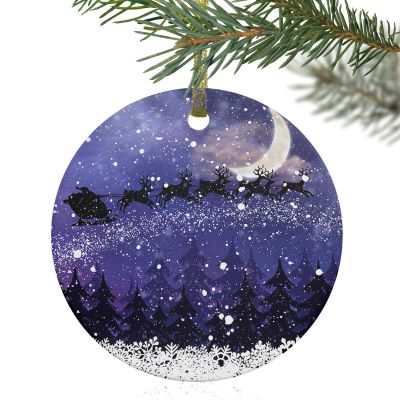 2024 Christmas Ornament Xmas Tree Hanging Accessories,Christmas Santa Claus Sled Elk Silhouette Christmas Tree Round Ceramic Ornaments for Holiday Party Home Decor,Snowflake Snowy Night