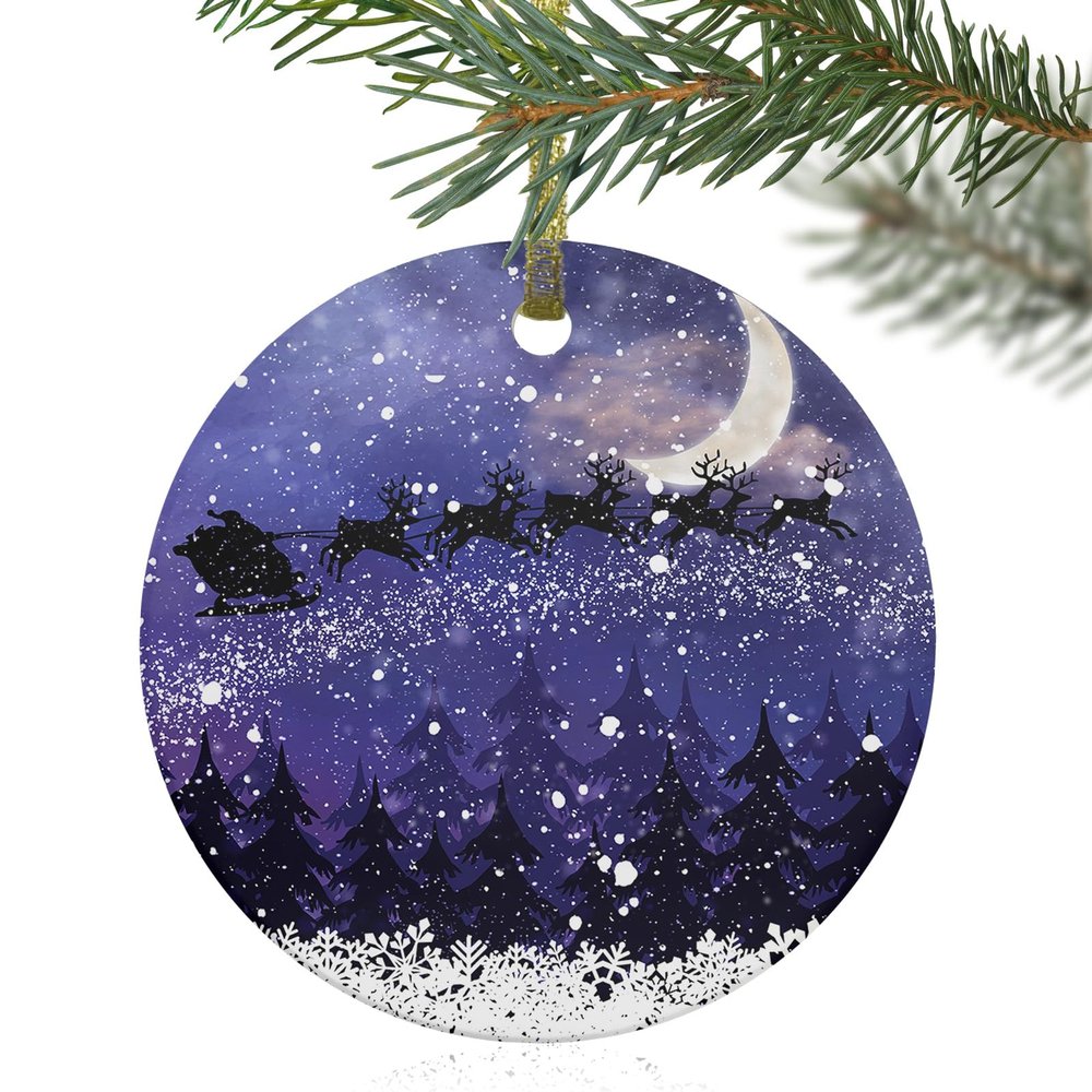 2024 Christmas Ornament Xmas Tree Hanging Accessories,Christmas Santa Claus Sled Elk Silhouette Christmas Tree Round Ceramic Ornaments for Holiday Party Home Decor,Snowflake Snowy Night
