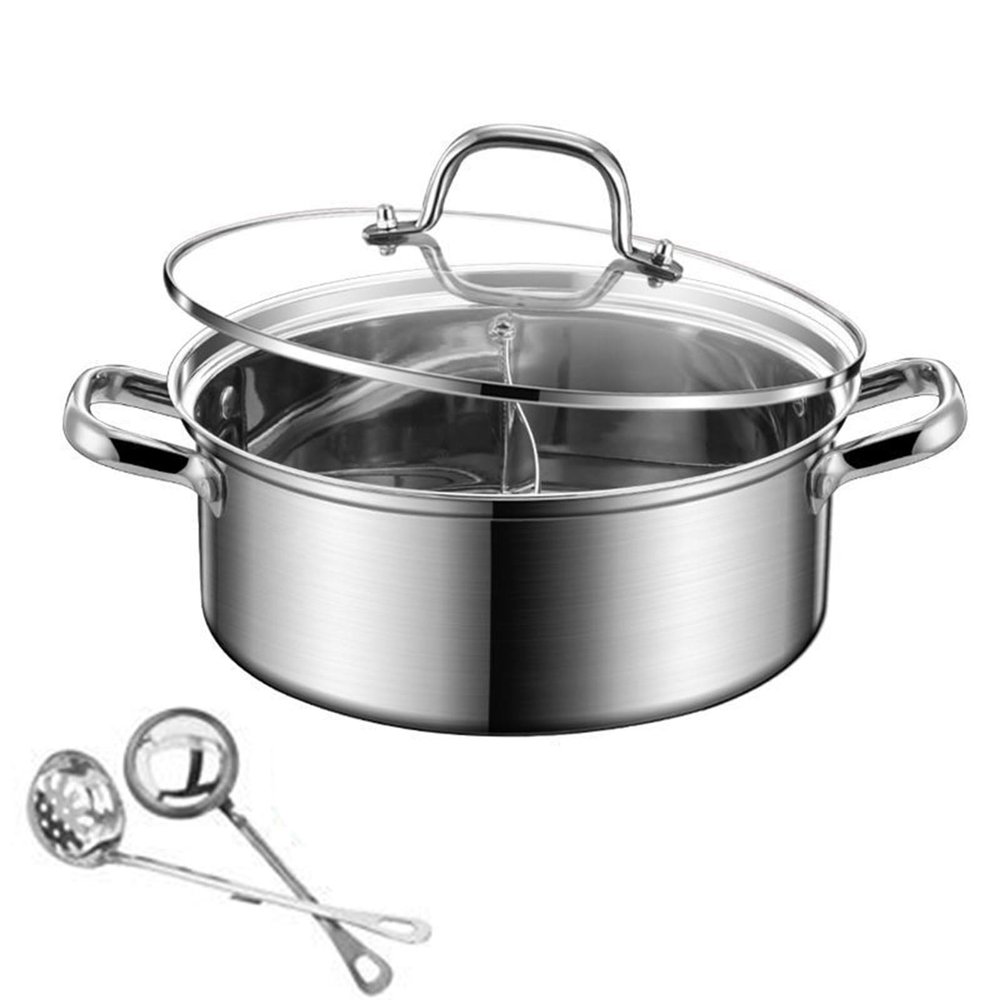 AIZYR Hot Pot with Divider Stainless Steel Dual Sided Hot Pot, Chinese Hot Pot with Lid for Restaurant Camping Household,30cm
