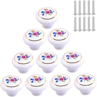 Ceramic Knobs,10pcs Flower Pattern Ceramic Handle Graceful Doorknob for Cabinet DrawerKnob