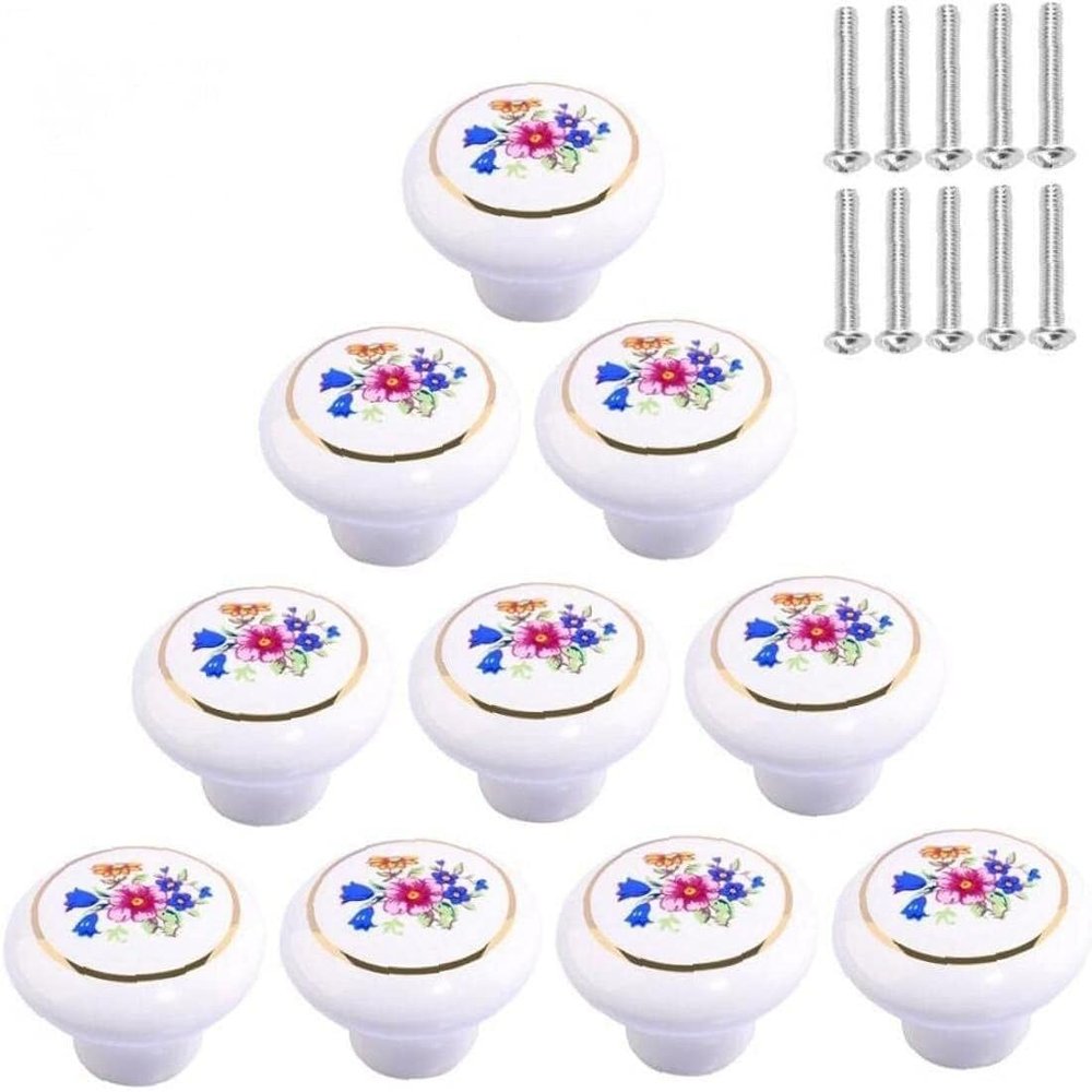 Ceramic Knobs,10pcs Flower Pattern Ceramic Handle Graceful Doorknob for Cabinet DrawerKnob