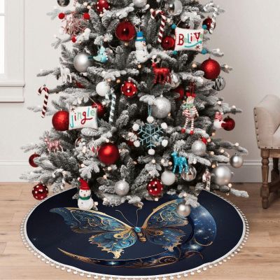 OOZ Blue Butterfly on The Moon with Stars and Moon Pattern 48 inch Christmas Tree Skirt Christmas Tree Skirt for Christmas Tree for Holiday and PartyBlue and Black