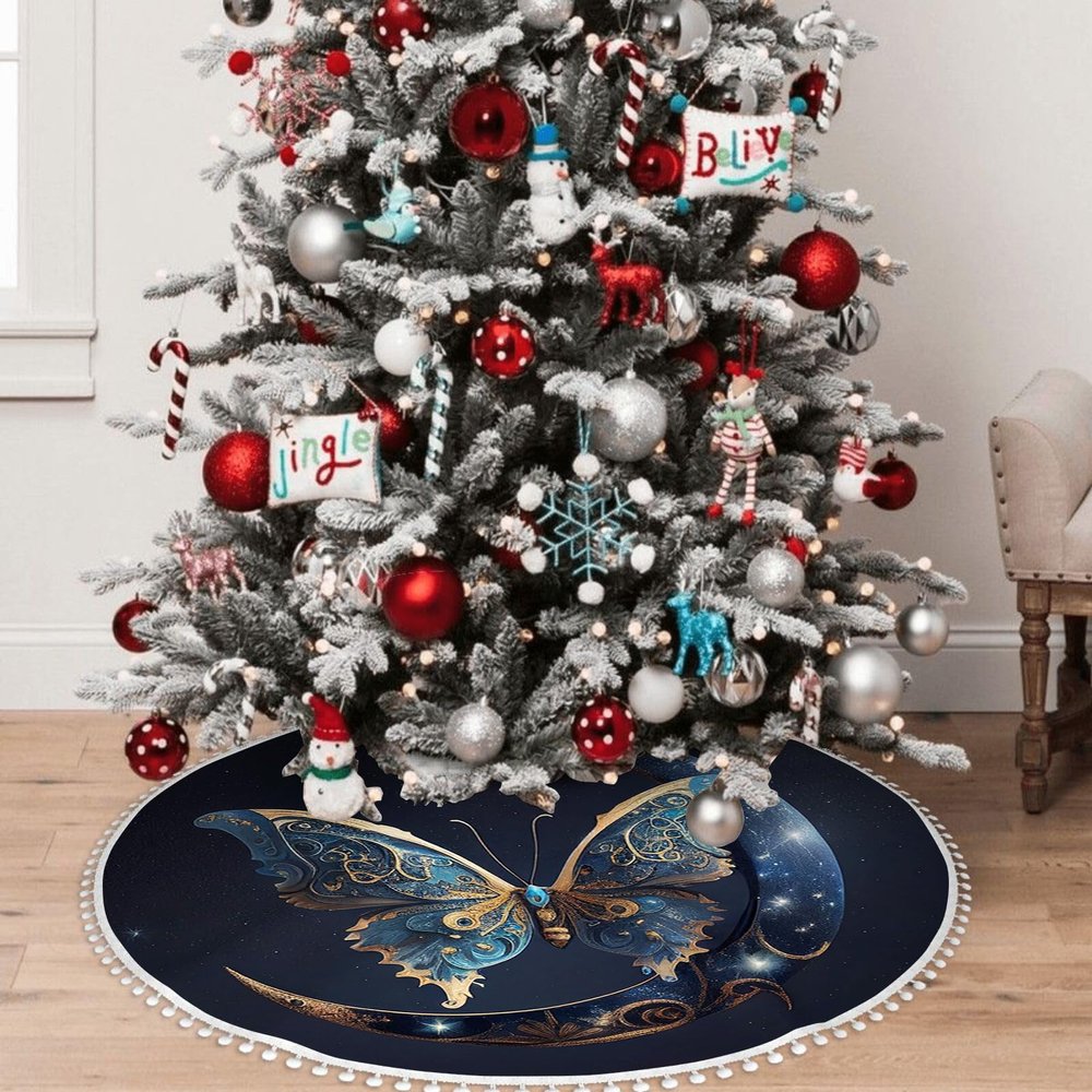 OOZ Blue Butterfly on The Moon with Stars and Moon Pattern 48 inch Christmas Tree Skirt Christmas Tree Skirt for Christmas Tree for Holiday and PartyBlue and Black