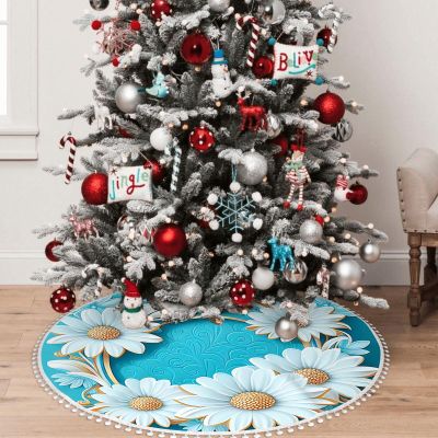 OOZ Daisy White Floral Border Design Pattern Christmas Tree Skirt 48 inchXmas Tree Skirts for Xmas Tree Ornaments and Party Holiday Decorations,Blue and White