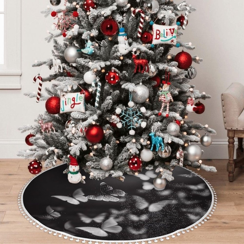 OOZ Black and White Photo of Butterfly Pattern Christmas Tree Skirt, 48 inches Christmas Tree Decoration for Xmas Indoor Home Holiday,Black and White