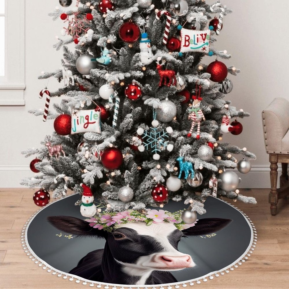 OOZ Flowers and Black and White Cow Pattern Christmas Tree Skirt, 30 inches Christmas Tree Decoration for Xmas Indoor Home Holiday,Black and White