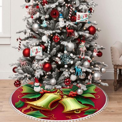 OOZ Two Gold Bells with Holly and Twigs in The Style Pattern Christmas Tree Skirt 48 inchXmas Tree Skirts for Xmas Tree Ornaments and Party Holiday Decorations,Red