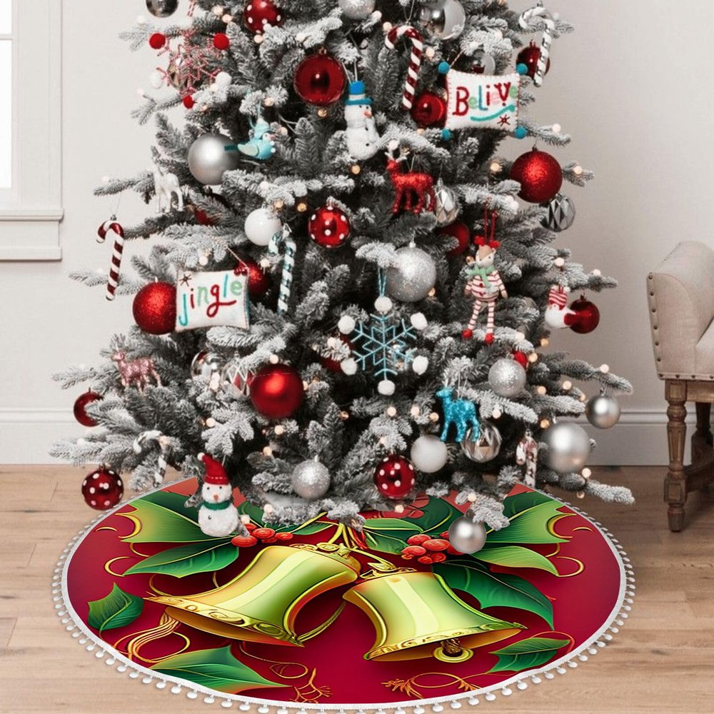 OOZ Two Gold Bells with Holly and Twigs in The Style Pattern Christmas Tree Skirt 48 inchXmas Tree Skirts for Xmas Tree Ornaments and Party Holiday Decorations,Red