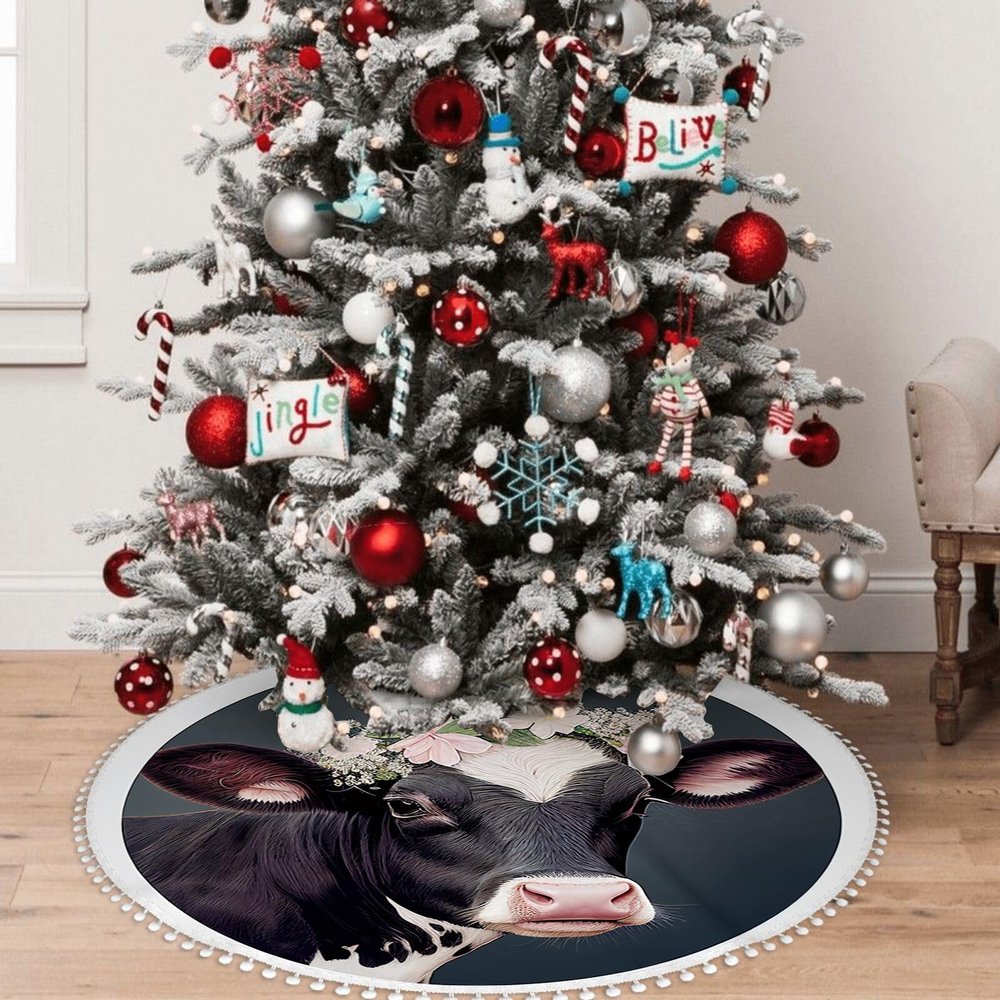 OOZ Flower and Cow Pattern Christmas Tree Skirt 36 inchXmas Tree Skirts for Xmas Tree Ornaments and Party Holiday Decorations,Black