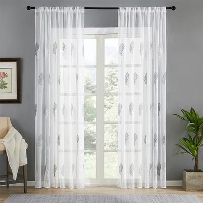 European style Two-Color Leaves Pattern Embroidered Semi 52 Wide Sheer Curtains Beautiful Drape Fabic For Living Room Bedroom Kitchen(2 Panels, W 52 x L 63 inch, Gray)
