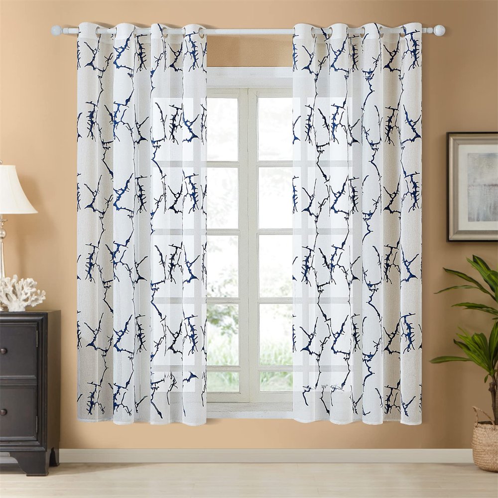 Modern Simple Style Branch Pattern Embroidery 52 Wide Sheer Curtains Beautiful Drape Fabic Gormmet For Living Room Bedroom Kitchen(2 Panels, W 52 x L 102 inch, Blue Gormmet)