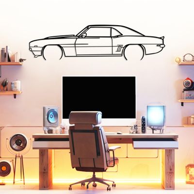 1969 Camaro Model Silhouette Metal Car Wall Art, Sports Car, Automotive Silhouette Line Decoration, Minimalist Sculpture for Garage, Man Cave, Indoor Outdoor Hanging, Car Lover (Black- 30 x 7.8 inch)