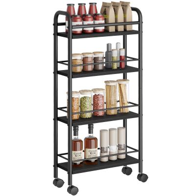 Asgolion Slim Storage Cart, 4-Tier Small Rolling Cart with Wheels, 5.9" Deep, Narrow Bathroom Shelf Trolley for Kitchen, Bathroom, Laundry Room, Black Standard 4-Tier (5.9" W x 33.6" H)