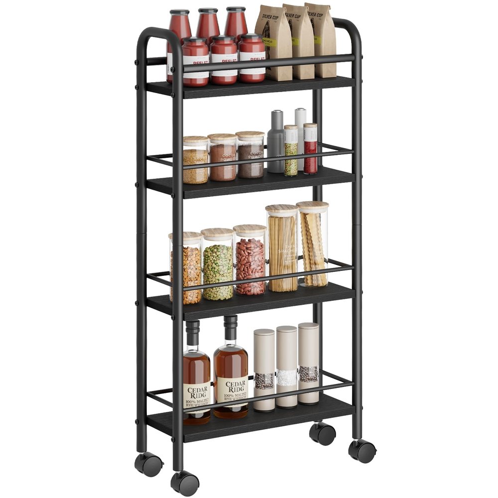 Asgolion Slim Storage Cart, 4-Tier Small Rolling Cart with Wheels, 5.9" Deep, Narrow Bathroom Shelf Trolley for Kitchen, Bathroom, Laundry Room, Black Standard 4-Tier (5.9" W x 33.6" H)