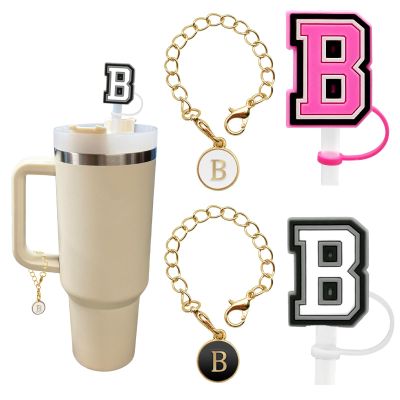 2+22PCS Straw Cover for Stanley Cup 30&40 Oz 10mm Straw Topper with 2PCS Stanley Cup Accessories Letter Charms Name ID Initial Letter Handle Personalized Charm For Stanley Tumbler (Letter B)