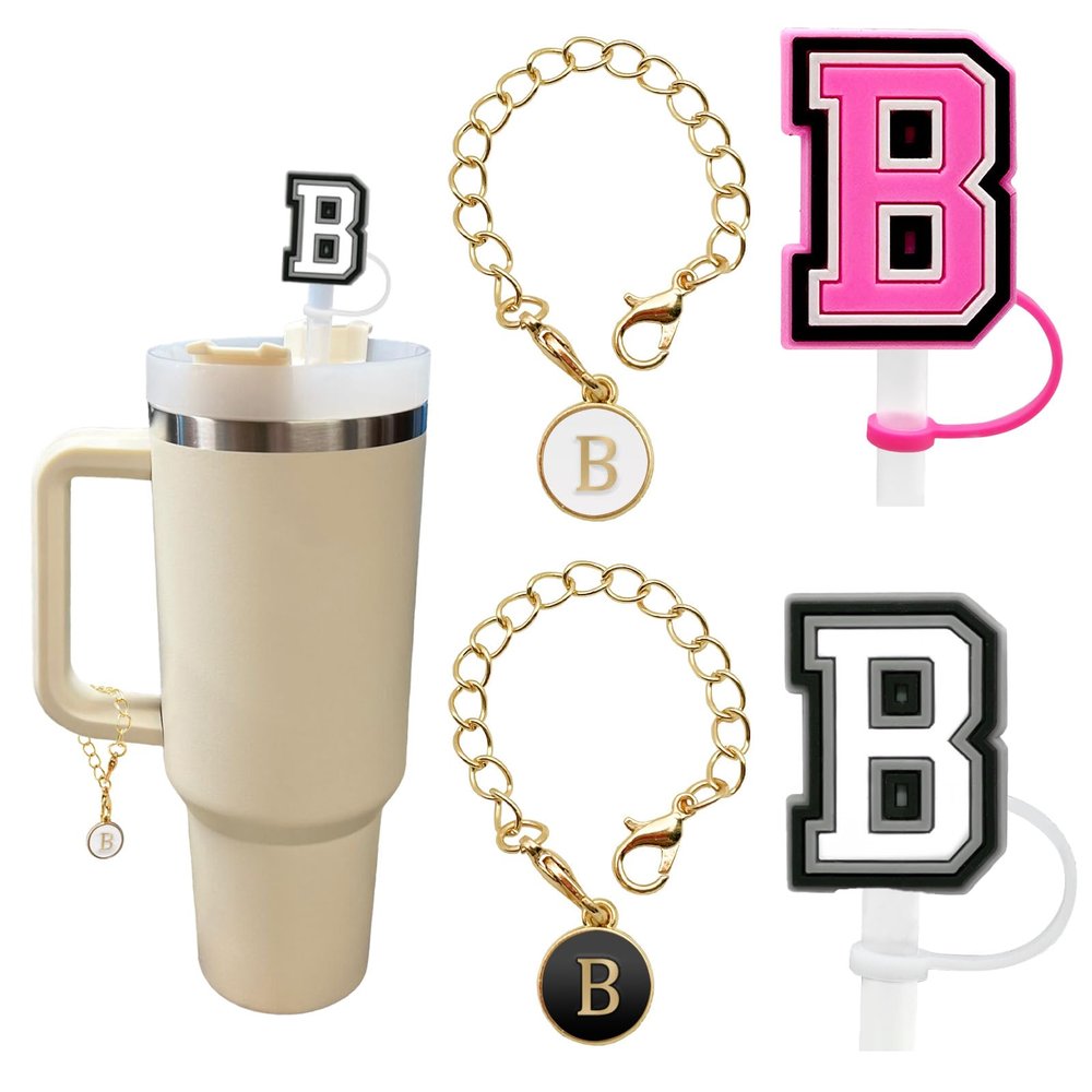 2+22PCS Straw Cover for Stanley Cup 30&40 Oz 10mm Straw Topper with 2PCS Stanley Cup Accessories Letter Charms Name ID Initial Letter Handle Personalized Charm For Stanley Tumbler (Letter B)
