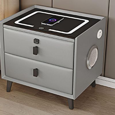Bedside Cabinet Table with Audio and Fingerprint Lock,with LED Light Charging Station Wireless, Nightstand with Hutch and 2 Drawers(Size:25 * 40 * 46cm,Color:Grey)