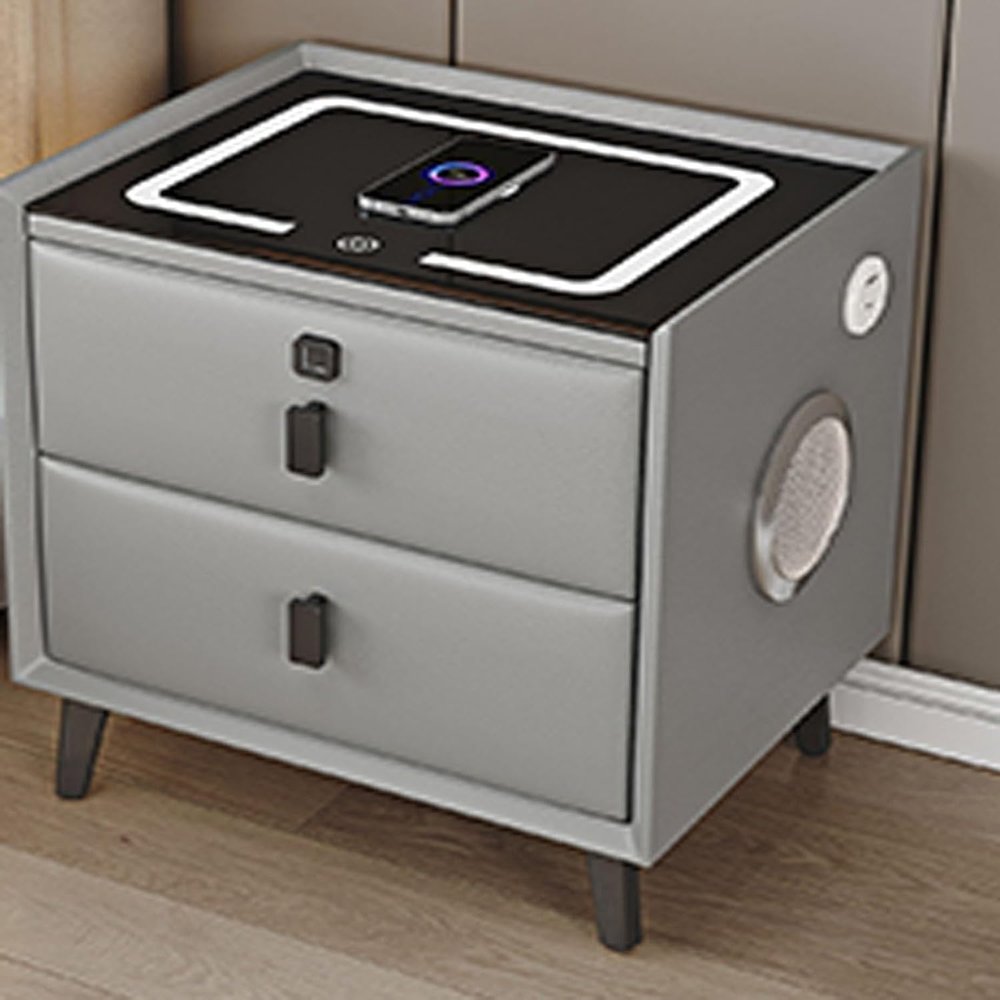 Bedside Cabinet Table with Audio and Fingerprint Lock,with LED Light Charging Station Wireless, Nightstand with Hutch and 2 Drawers(Size:25 * 40 * 46cm,Color:Grey)