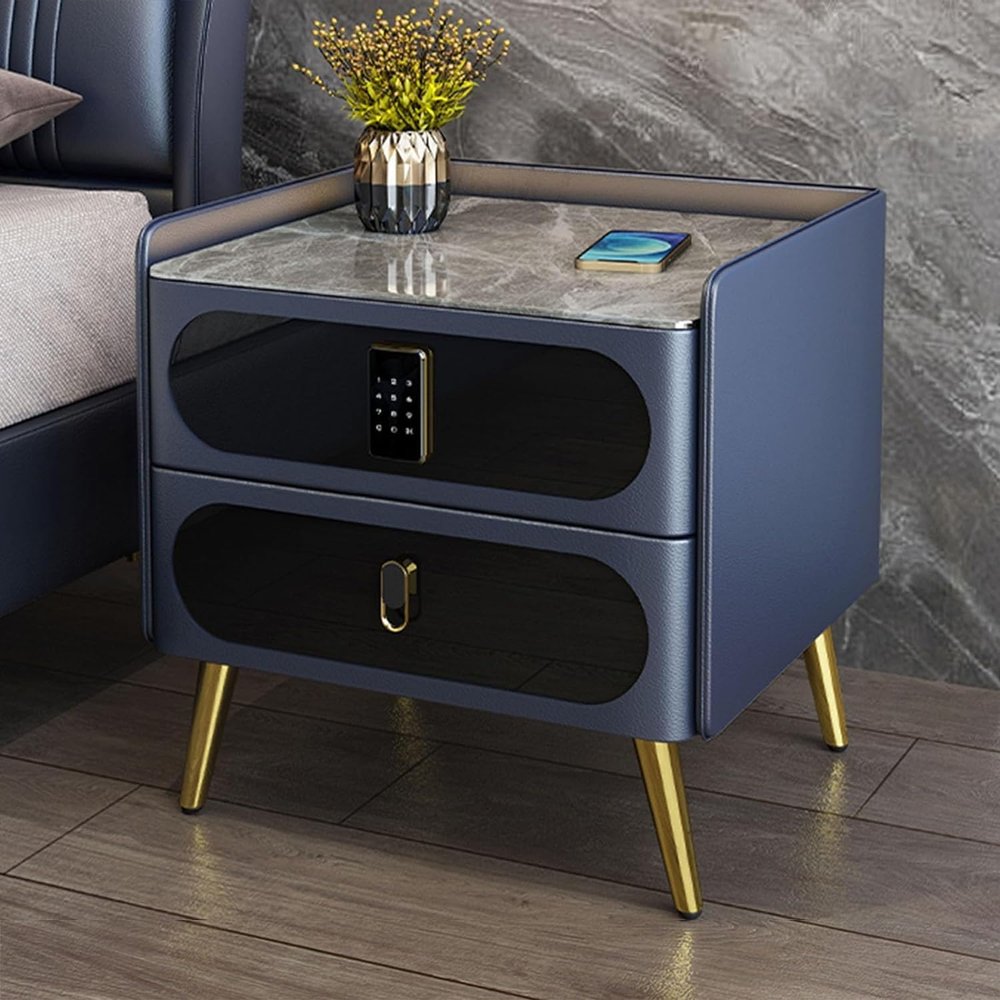 Bedside Cabinet Nightstand with Charging WirelessSmart Bedside Table, Light Slate with Password Lock Wireless Charging Leather(Color:Sapphire Blue)