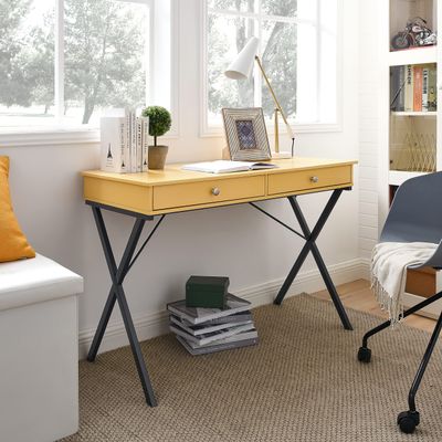 Banana Yello Finish 2 Drawers Writing Desk with Black Stoving Varnsih Steel FrameMDF Table Top42x20.5x30