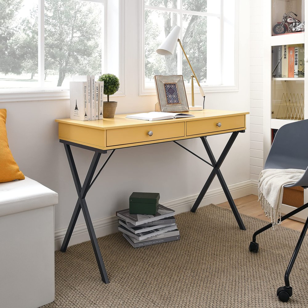 Banana Yello Finish 2 Drawers Writing Desk with Black Stoving Varnsih Steel FrameMDF Table Top42x20.5x30