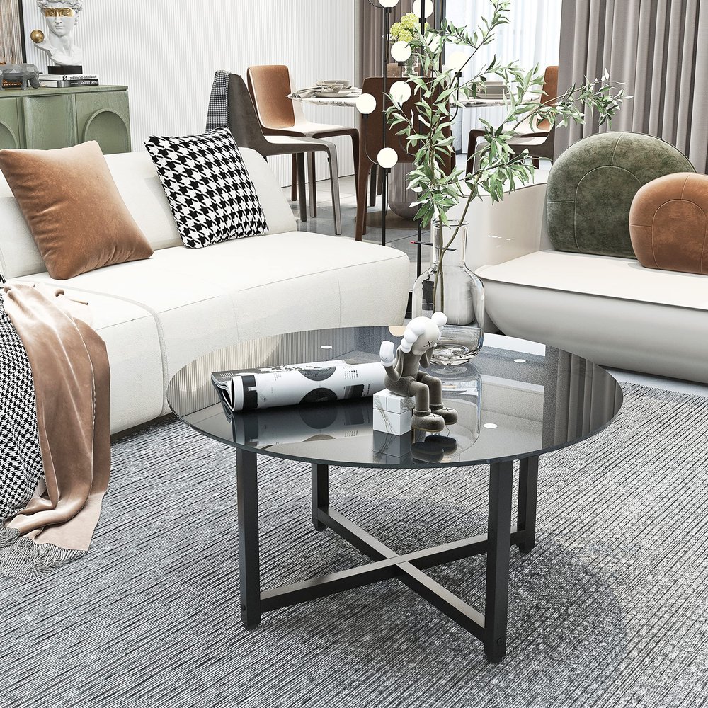 35.5'' Round Whole Black Coffee Table, Clear Coffee TableModern Side Center Tables for Living Room Living Room Furniture