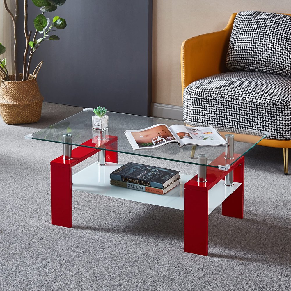 Artisan Rectangle Coffee Table, Double Layer Lower Shelf Storage for Living Spaces, 37" Lx22 Dx16 H (Red)