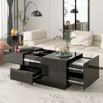 Extendable Coffee Table with 4 Drawers, Rectangle Cocktail Table with Hidden Storage Compartment, UV High-Gloss Center Table with Sliding Top for Living Room, 35.4"x 23.6", Black