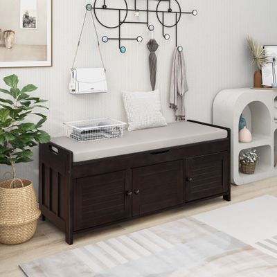 LUMISOL Upholstered Storage Bench, Entryway Bench with Shoe Rack, Wooden Storage Ottoman with 3 Shutter Shaped Doors, Entryway Shoe Bench with Removable Cushion and Hidden Storage Space, Espresso