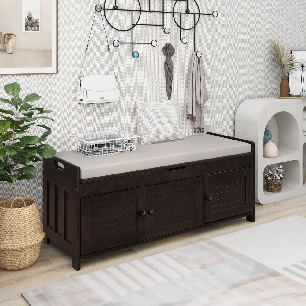 LUMISOL Upholstered Storage Bench, Entryway Bench with Shoe Rack, Wooden Storage Ottoman with 3 Shutter Shaped Doors, Entryway Shoe Bench with Removable Cushion and Hidden Storage Space, Espresso