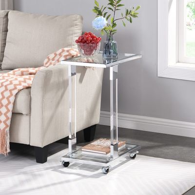 Acrylic End Table,Chrome Glass Side Table, Glass Top C Shape Square Table with Metal Base for Living Room, Bedroom, Balcony Home and Office