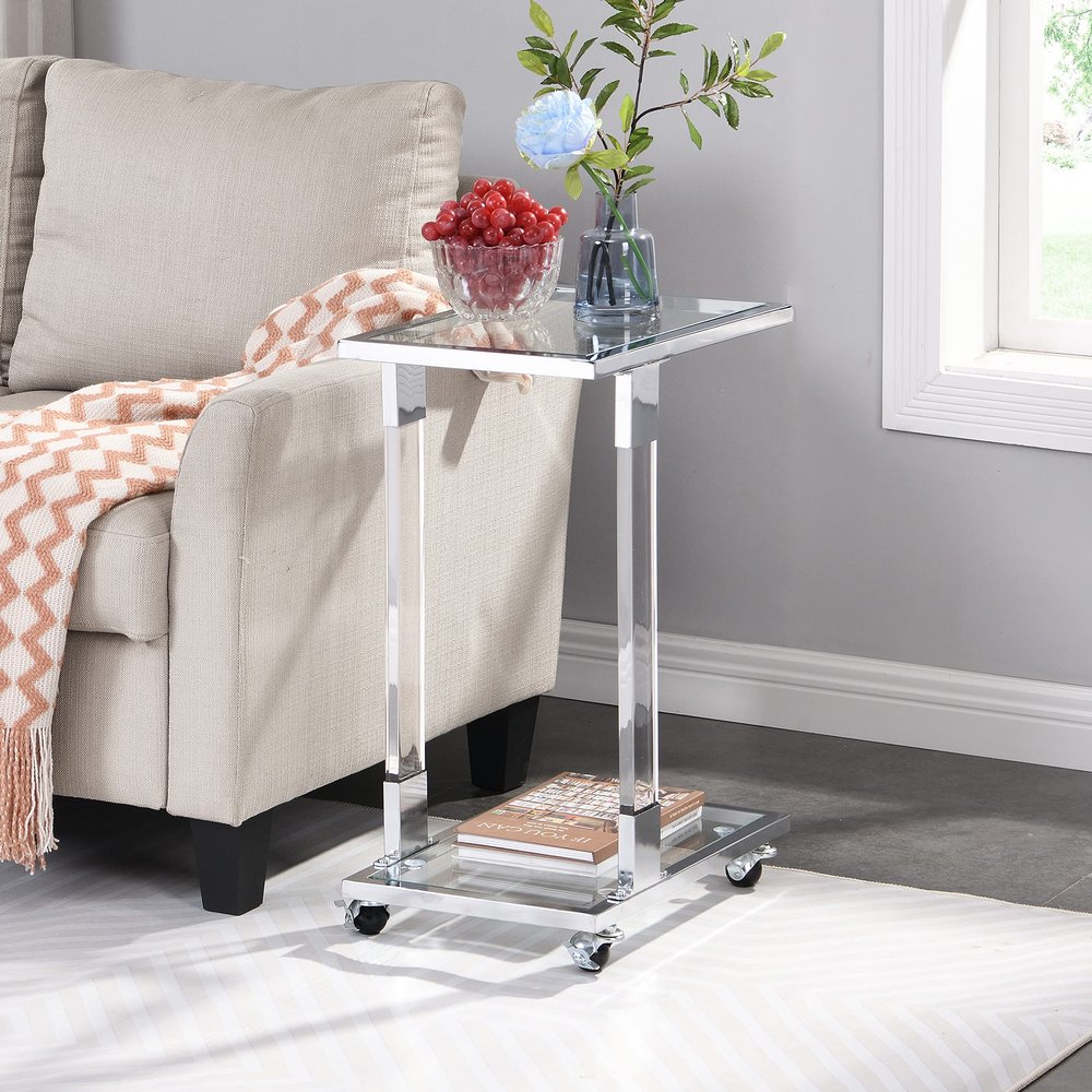 Acrylic End Table,Chrome Glass Side Table, Glass Top C Shape Square Table with Metal Base for Living Room, Bedroom, Balcony Home and Office