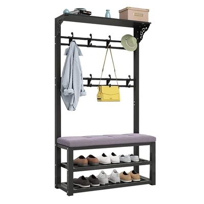 Industrial Coat Rack Stand with Shoe Bench and 8 Hollow 4 in 1 Free Standing Hall Tree with Bench and Top Carved Hooks,Garment Rack for Hallway Living Room 80/100 x 30 x 172 CM