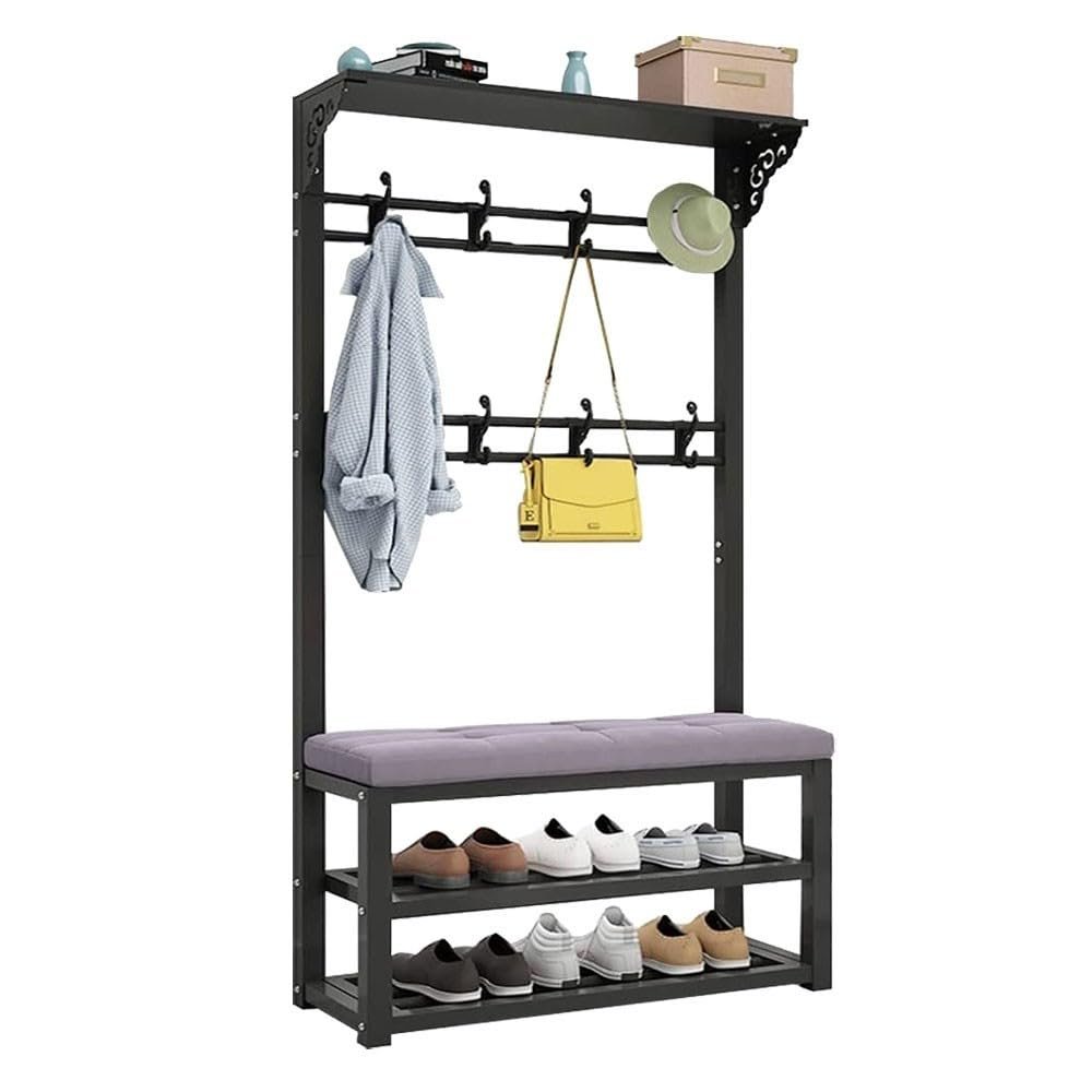 Industrial Coat Rack Stand with Shoe Bench and 8 Hollow 4 in 1 Free Standing Hall Tree with Bench and Top Carved Hooks,Garment Rack for Hallway Living Room 80/100 x 30 x 172 CM