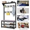 Industrial Coat Rack Stand with Shoe Bench and 8 Hollow 4 in 1 Free Standing Hall Tree with Bench and Top Carved Hooks,Garment Rack for Hallway Living Room 80/100 x 30 x 172 CM view 3