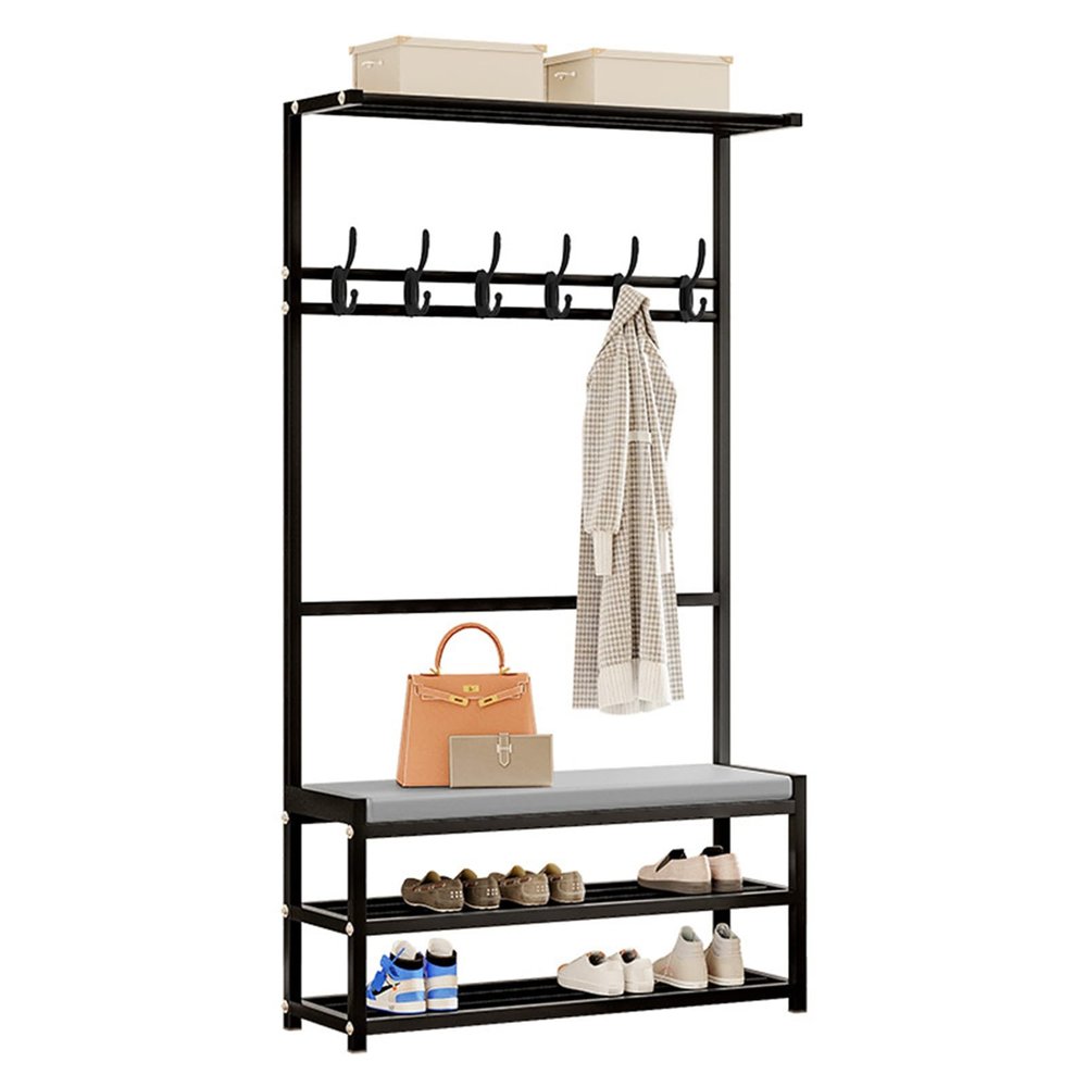 Coat and Shoe Rack Entryway 4-in-1 Entryway Coat Rack with Hooks and Hanging Rod with Storage Bench, for Clutter-Free Living - Easy Installation - Sturdy & Durable - Multifunctional