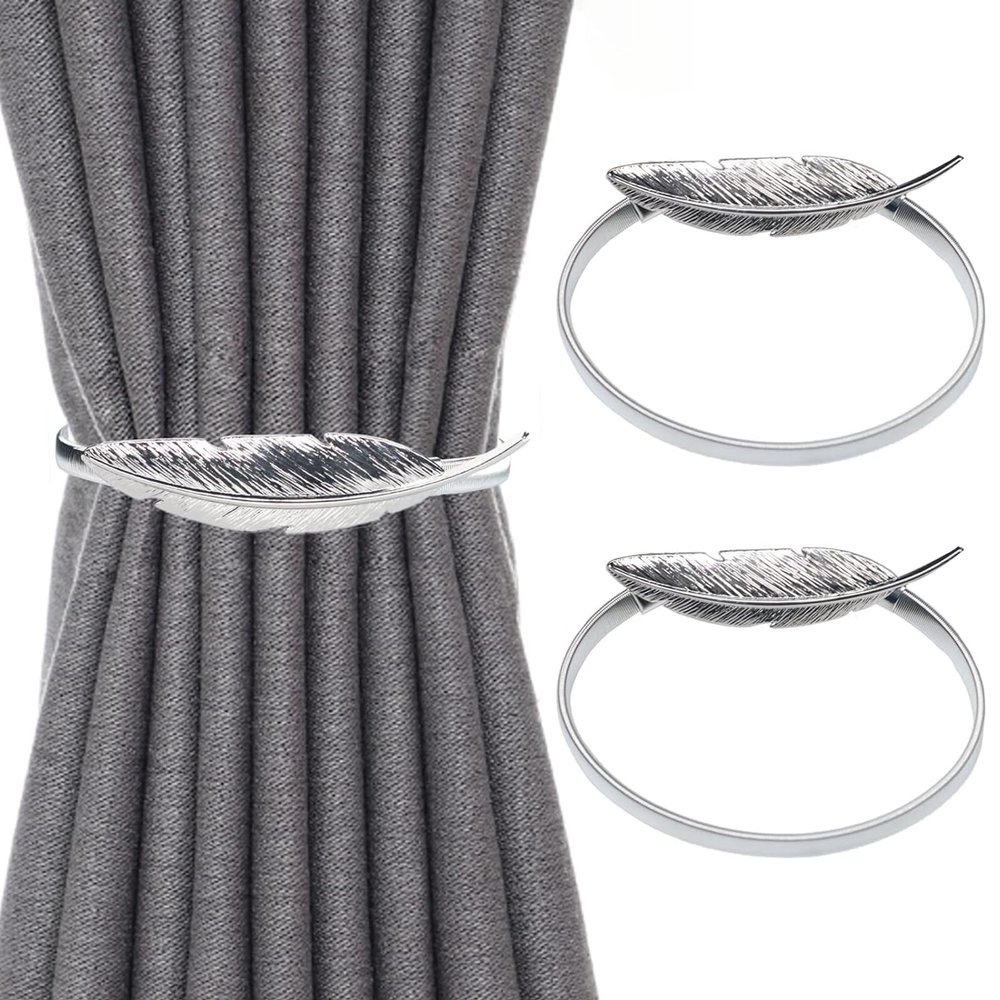 TAORANJU Curtain Tiebacks, 2 Pack Silver Feather Curtain Holdbacks Alloy Spring Buckle Window Ties Adjustable Curtain Buckle Decor for Home Office Window Decoration