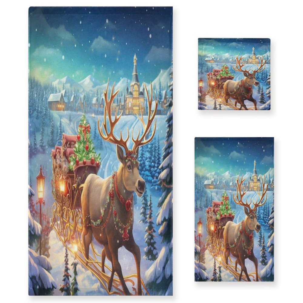 ALAZA Castle Reindeer Winter Christmas Castle Soft 3 Piece Bath Towels Set for Bathroom Spa Hotel, 1 Bath Towel+ 1 Hand Towel+ 1 Washcloth