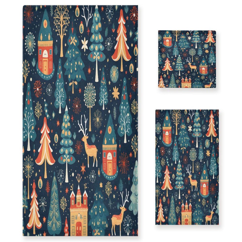 ALAZA Merry Christmas Snowflake Deer Snowflake Retro Soft 3 Piece Bath Towels Set for Bathroom Spa Hotel, 1 Bath Towel+ 1 Hand Towel+ 1 Washcloth