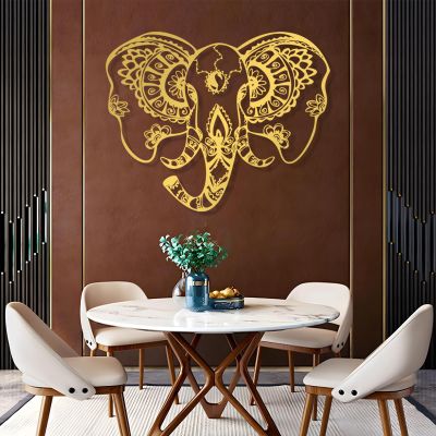 Elephant Metal Wall Art, Elephant Mandala Wall Art Metal, Hindu Lotus Mandala Elephant Wall Decor, Elephant Head Wall Decor, Metal Wall Decor, Home Living Room Decor, Wildlife Lover Gift (35"x28" | 90x72cm, Gold)