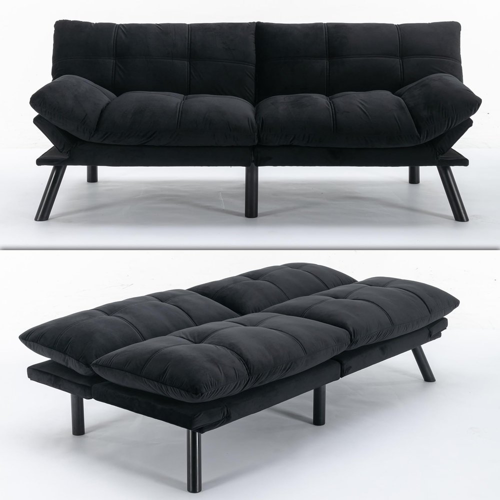 70 Modern Velvet Futon Couch Sleeper,Convertible Sleeper Sofa Bed with Adjustable Backrests and Folding Armrest for Living Room Bedroom Office Apartment,Split Back,Mattress Included (Black)