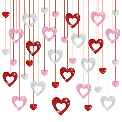 36 Pcs Valentine's Day Decorations Glitter Heart Hanging Swirls - No DIY Red Pink Silver Heart Hanging Decorations Party Decoration Swirls Ornaments for Valentines Day Party Supplies Decorations