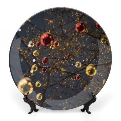 10" Decorative Plate Ornaments Trees Lights Balls Round Ceramic Plate with Display Stand Modern Porcelain Table Plate Wall Hanging Decoration for Home Office Collectible Art Souvenir