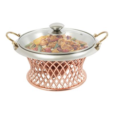 28CM Stainless Steel Hot Pot Buffet Set, Round Food Heating Tray with Clear Glass Lid and Built-in Lid Holder, Suitable for Parties, Events, Weddings, Camping, Dinners (Red Copper)