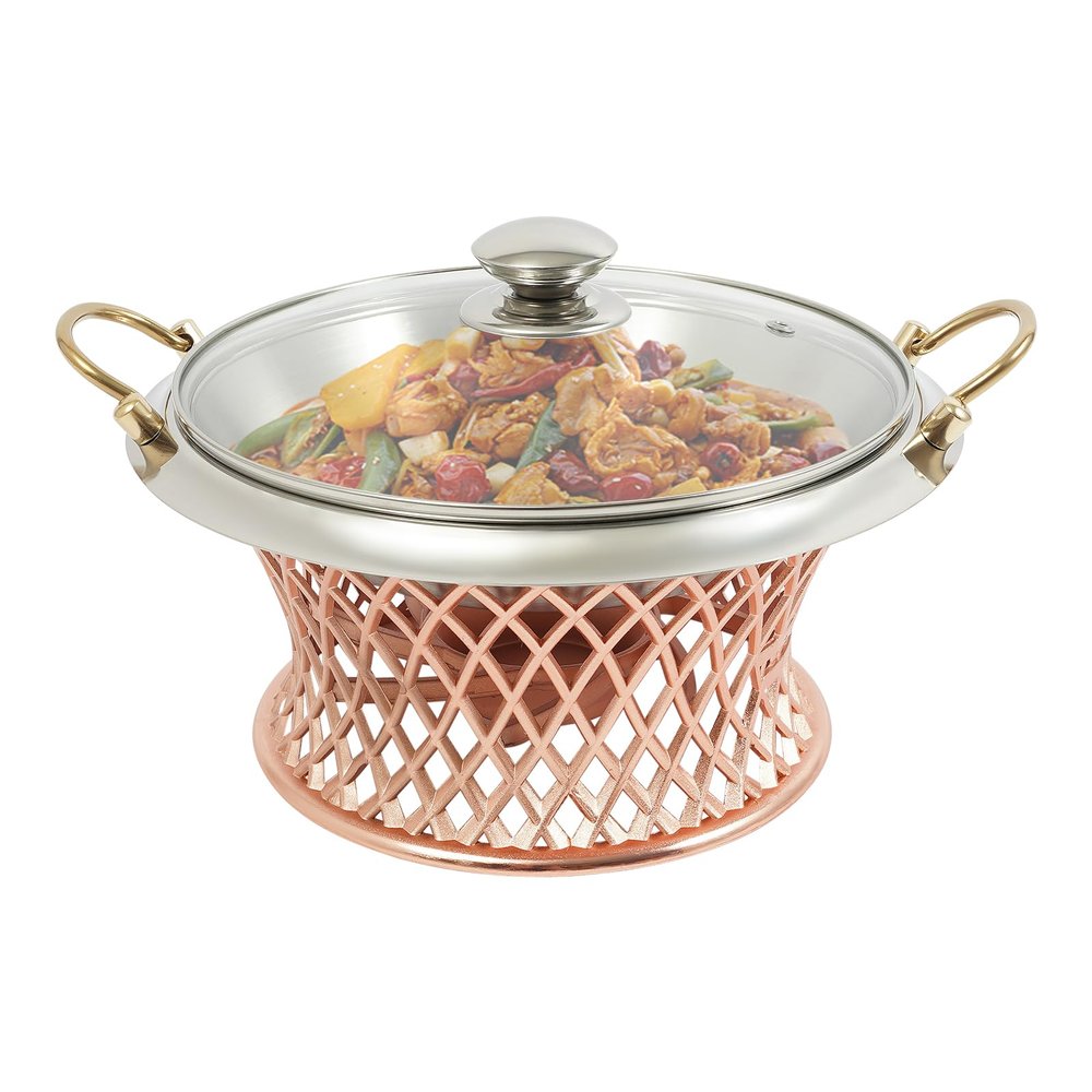 28CM Stainless Steel Hot Pot Buffet Set, Round Food Heating Tray with Clear Glass Lid and Built-in Lid Holder, Suitable for Parties, Events, Weddings, Camping, Dinners (Red Copper)