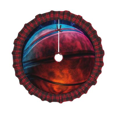 Basketball Sport Christmas Tree Skirt Vintage Xmas Tree Skirt with Red Black Buffalo Plaid Edge Christmas Tree Mat Christmas Tree Ornaments for Holiday Party Christmas Decorations