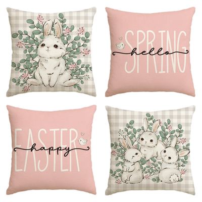 AVOIN colorlife Happy Easter Buffalo Plaid Rabbit Pink Throw Pillow Cover, 20 x 20 Inch Eucalyptus Leaves Hello Spring Cushion Case Decoration for Sofa Couch Set of 4
